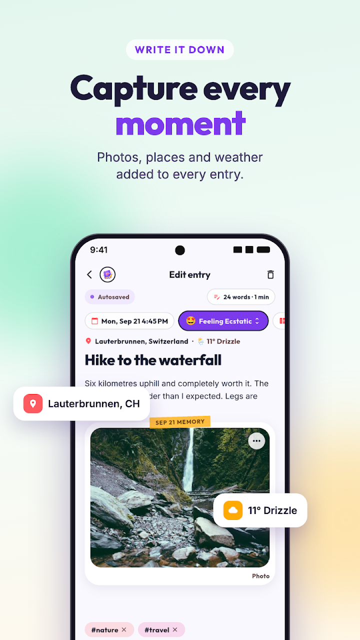 Vibe Diary entry with a photo, place, and weather